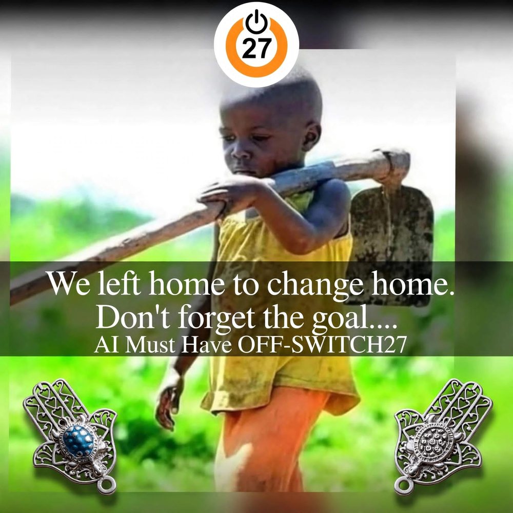 A child carrying a hoe across a green field, with two silver hamsa hands at the bottom corners and the words We left home to change home.