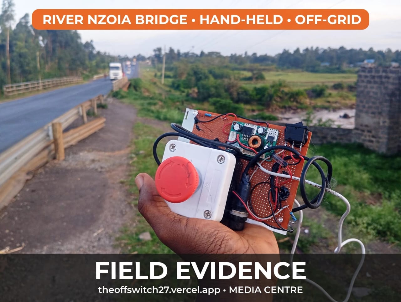 TUS-27 held at River Nzoia Bridge Bungoma 2 Oct 2026 18:45 EAT — homage after Kisumu assembly — red emergency stop visible