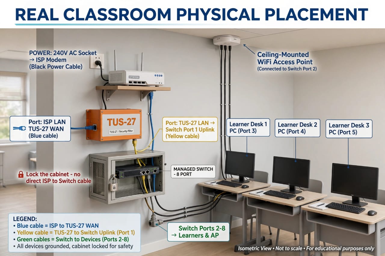 Isometric drawing of a classroom. An ISP modem on a wall shelf connects by a blue cable to the TUS-27 security filter box. A yellow cable runs from TUS-27 to Port 1 of an 8-port managed switch inside a locked wall cabinet. The switch feeds a ceiling WiFi access point on Port 2 and three learner desk PCs on Ports 3, 4 and 5.